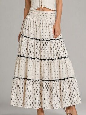 🆕✨Lucky Brand Boho Tiered Midi Skirt Cream Smocked Waist XL Cottagecore Peasant